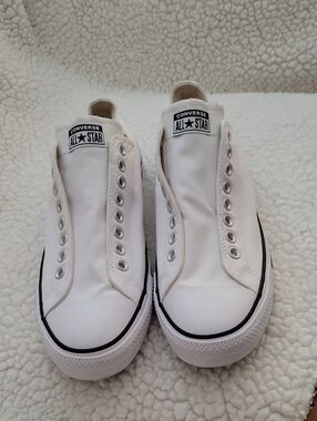 Converse All Star Laceless White Low Top Slip-On Sneakers with Black Trim